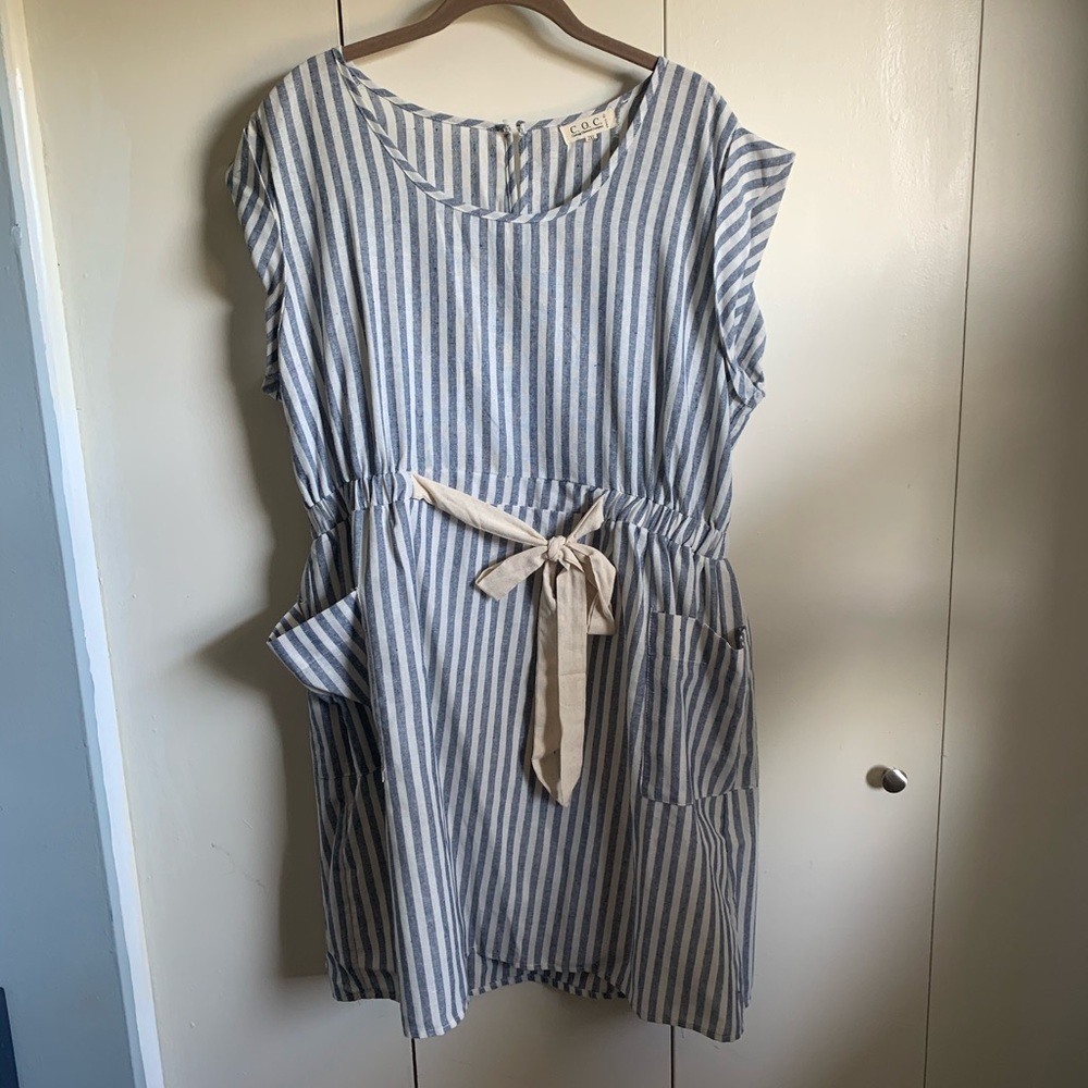 Blue and White Striped Dress with Tie in Front